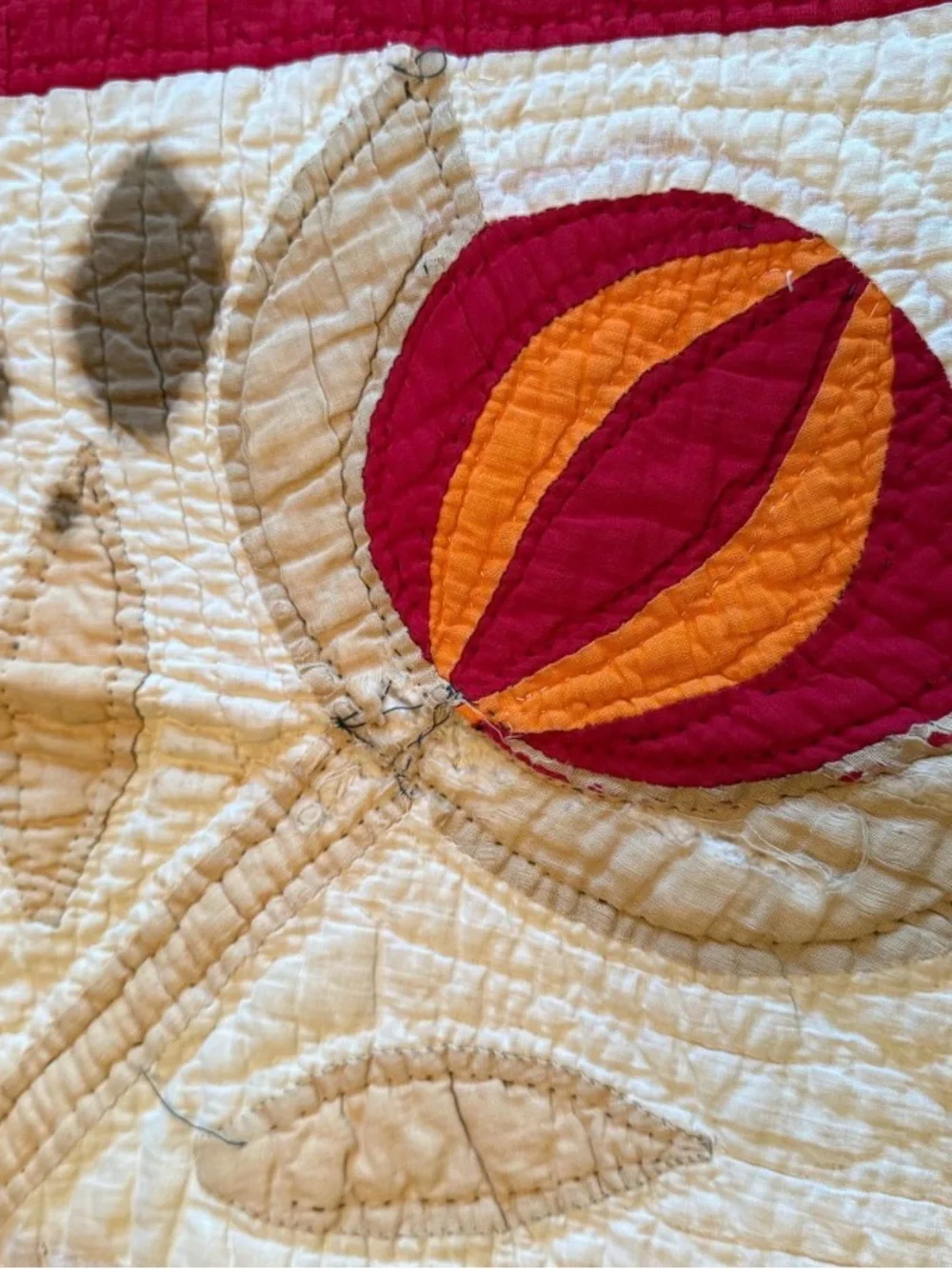 Antique Love Apple Patchwork Quilt in Red, Orange, Cream c 1850